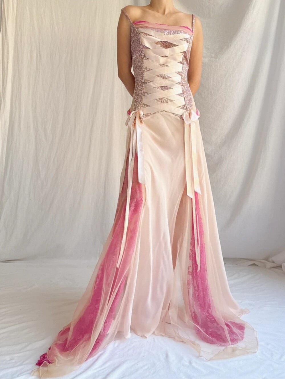 Rare Vintage Victoria Secret Silk Ribbon Lace Up Maxi Slip Dress Size Large